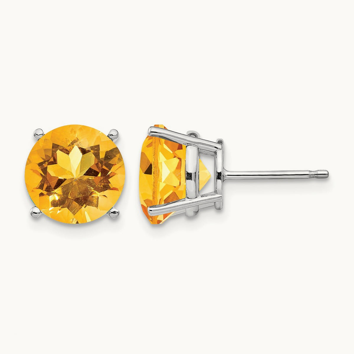 Citrine Round Stud Earrings, 14K White Gold