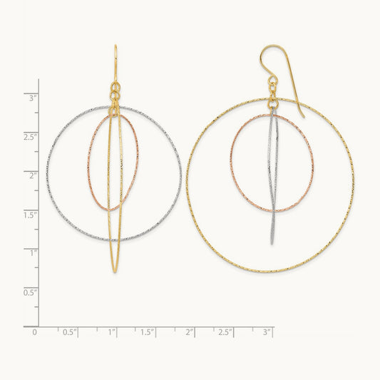 Tri-color Diamond Cut Graduated Circles Shepherd Hook Earrings, 14K