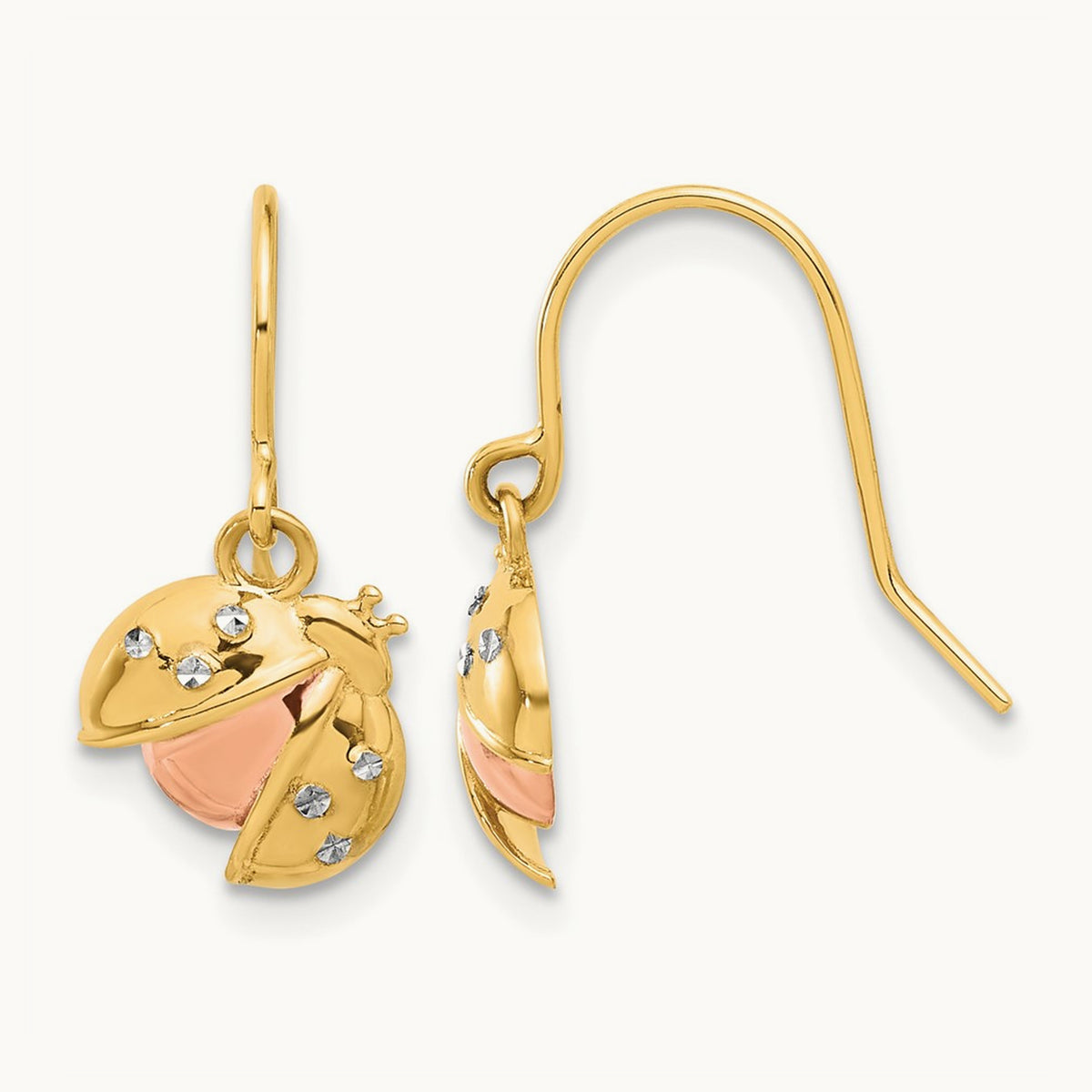 w/Rose and White Rhodium D/C Ladybug Dangle Earrings, 14K
