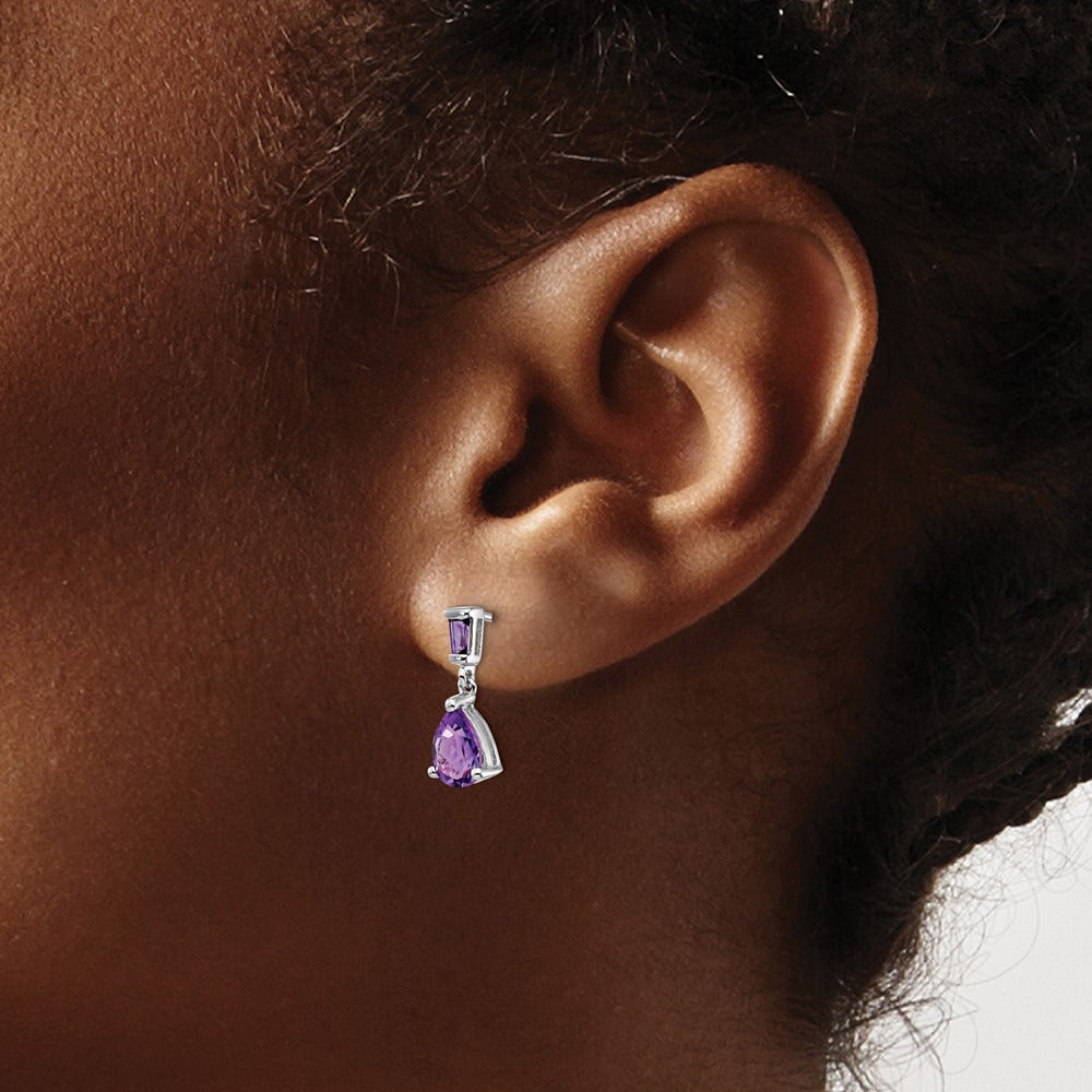 Amethyst Dangle Post Earrings — 14K White Gold