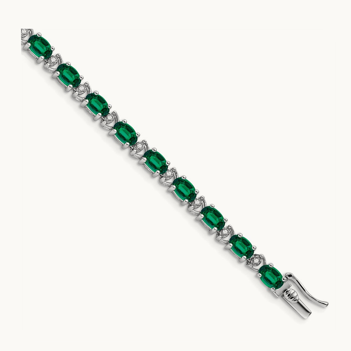 Oval Created Emerald and Diamond Bracelet, 14K White Gold