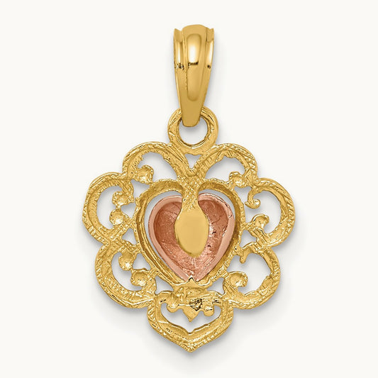 Polished and Textured Heart Charm, 14K Yellow with Rose