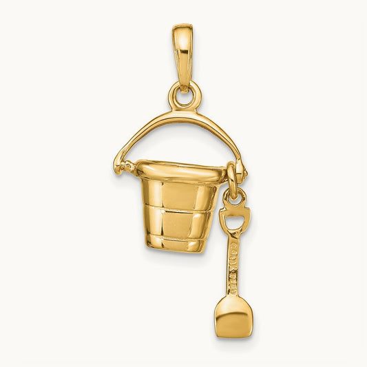 Polished 3-D Moveable Pail and Shovel Pendant, 14K