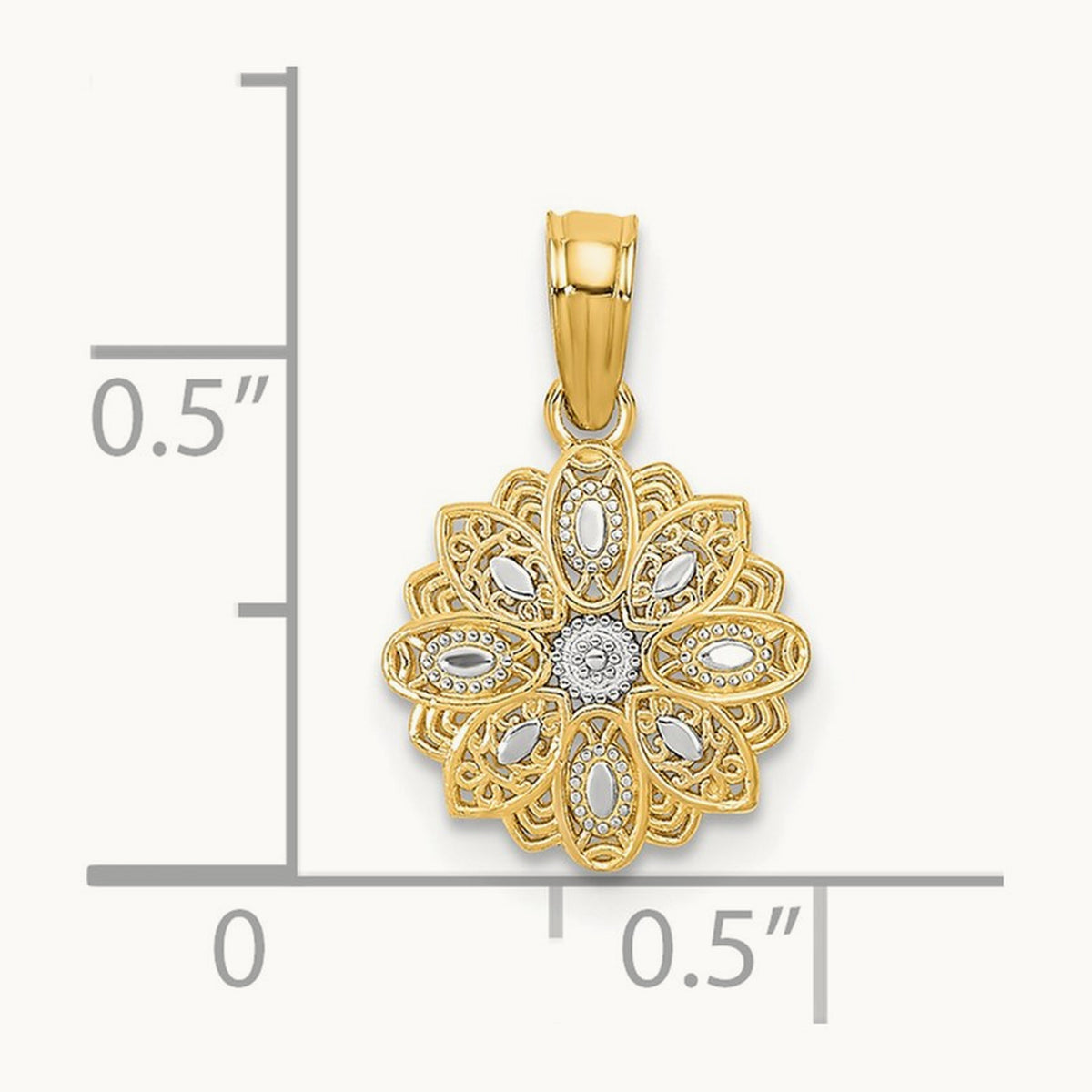 w/Rhodium and D/C Mini Filigree Flower Charm, 14K