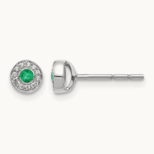Diamond and Emerald Halo Post Earrings — 14K White Gold