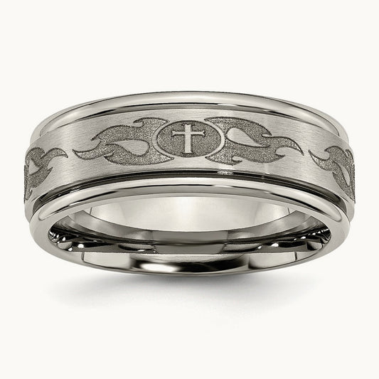 Brushed & Polished Cross Laser Design Ridged Edge Band — photo set