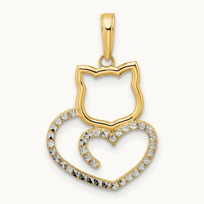 Diamond-cut Cat Heart Pendant, 14K with White Rhodium