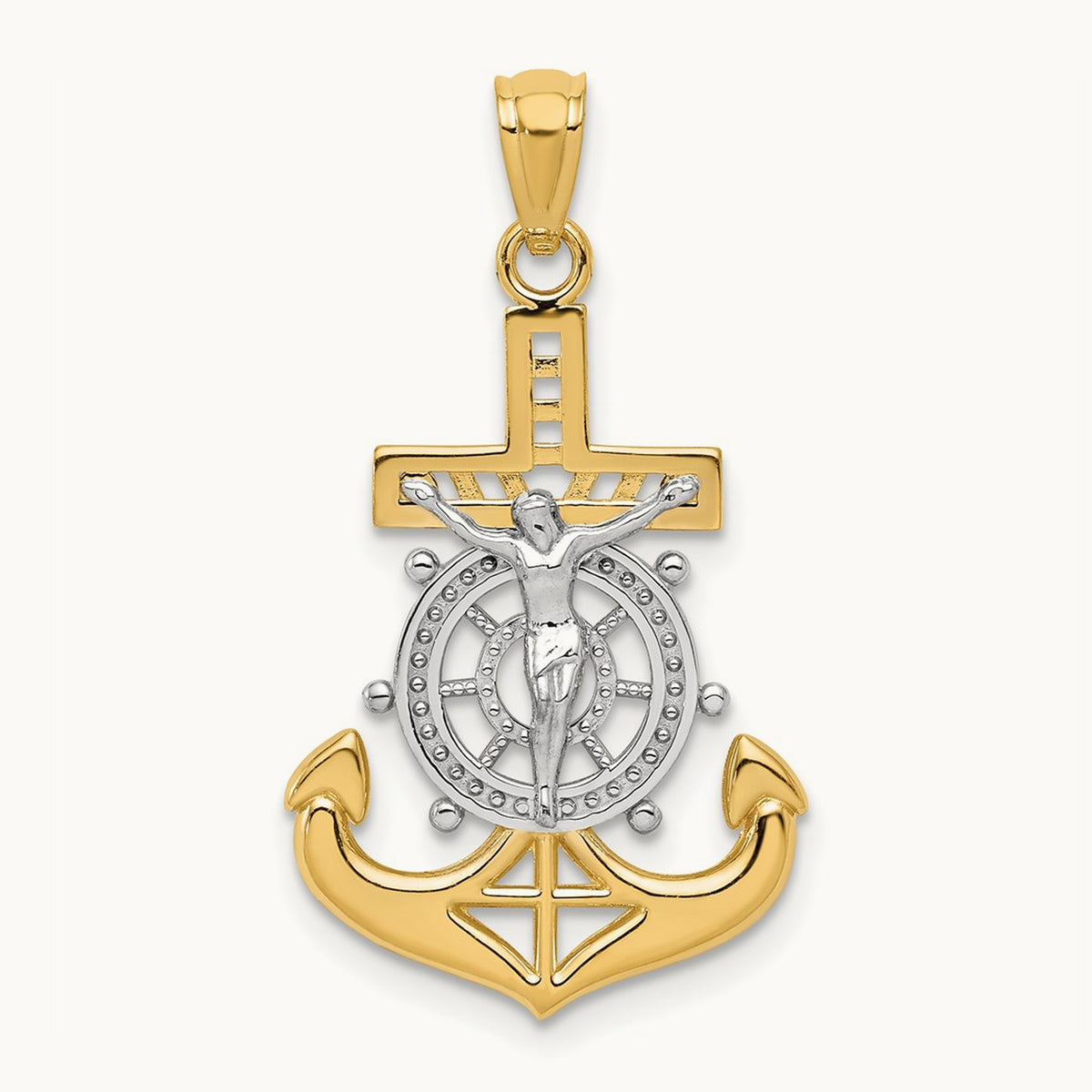 w/Rhodium Polished Mariners Crucifix Pendant, 14K