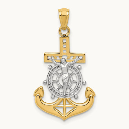 w/Rhodium Polished Mariners Crucifix Pendant, 14K