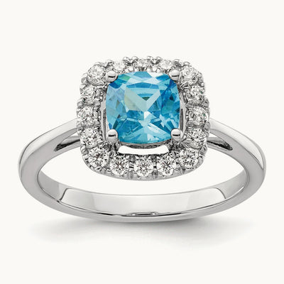 Dec Birthstone Blue Topaz Halo Ring, 0.25 ct tw Lab-Grown Diamond