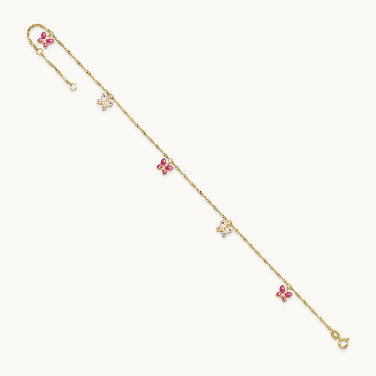 Enameled Butterfly 9in Plus 1in Ext Anklet, 14K