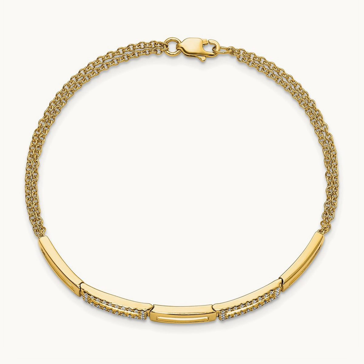 Polished Rectangle Link Diamond Double Strand 7in Bracelet, 14K