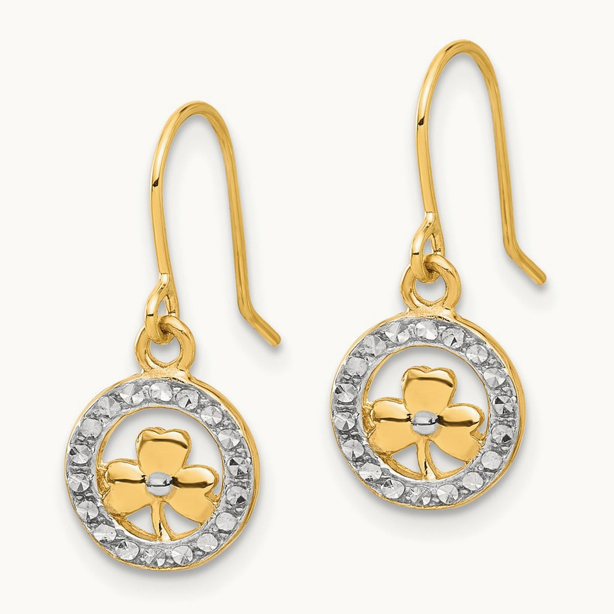 D/C Clover in Circle Dangle Earrings, 14K with White Rhodium