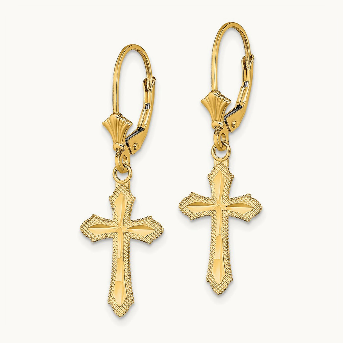 D/C Cross w/ Beaded Edge Leverback Earrings, 14K