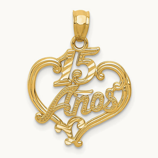 Diamond-cut 15 ANOS Heart Pendant, 14K