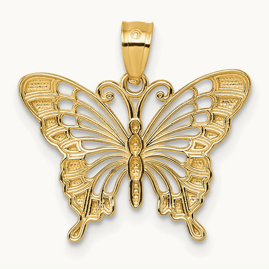 & Rhodium Diamond Cut Polished Butterfly Pendant, 14K