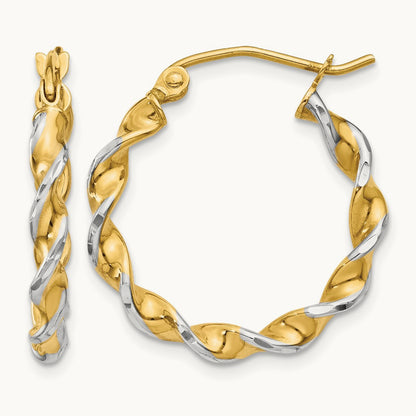 w/ White Rhodium Polished Fancy Twisted Hoop Earrings, 14K
