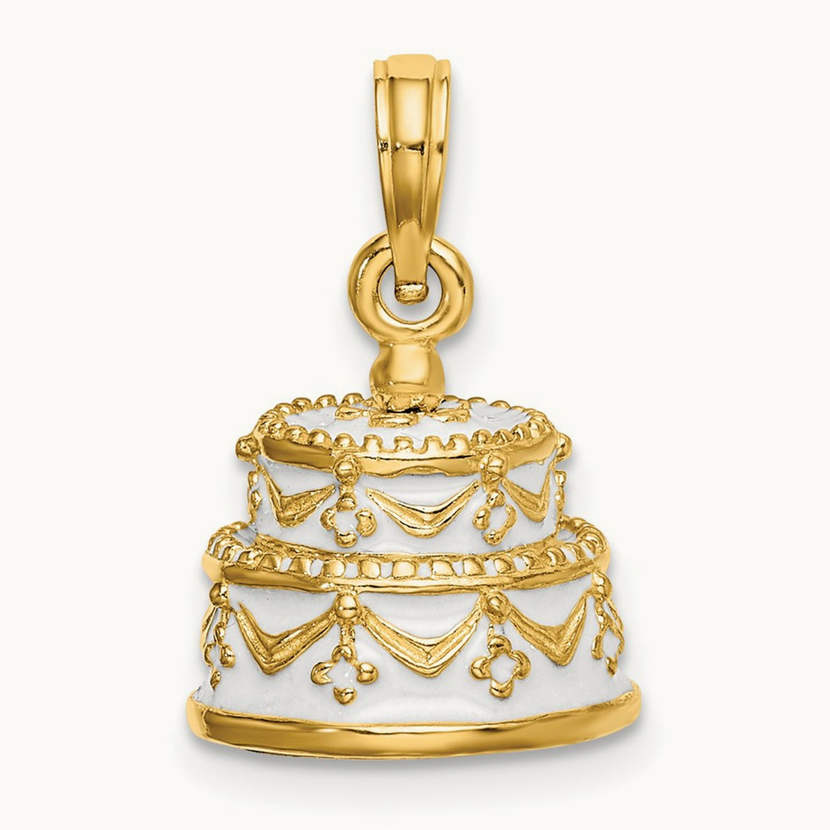 Polished Enameled JUST MARRIED 3-D Wedding Cake Pendant, 14K