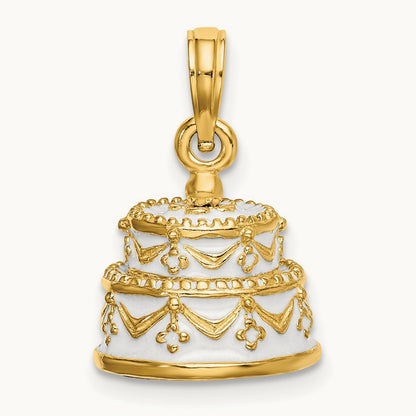 Polished Enameled JUST MARRIED 3-D Wedding Cake Pendant, 14K