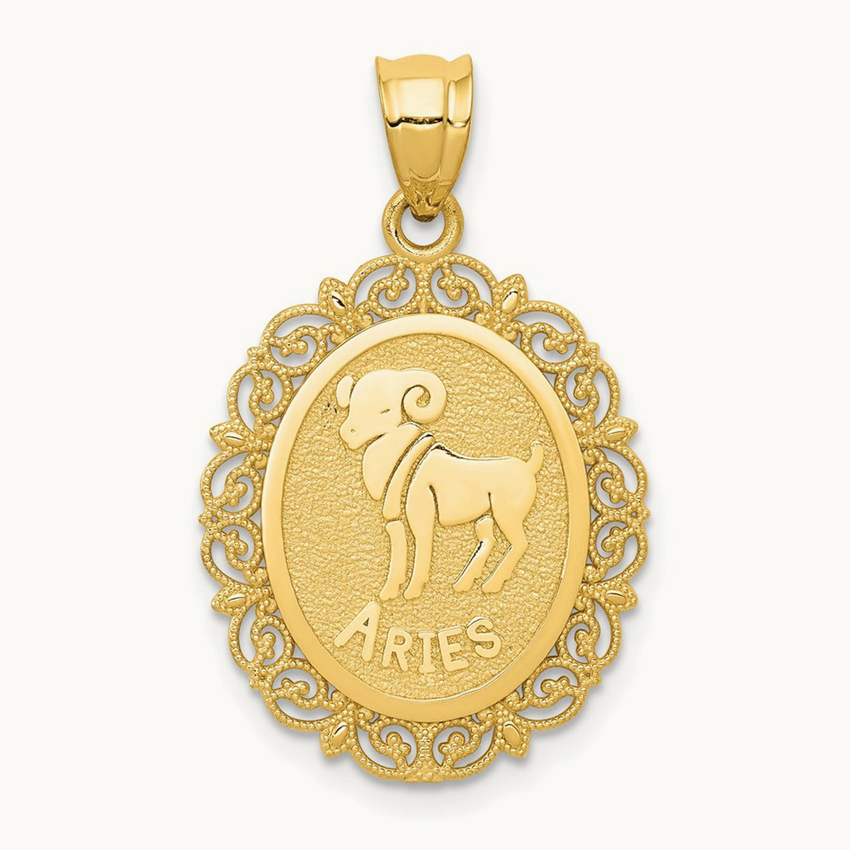 Solid Satin Polished Aries Zodiac Oval Pendant, 14K