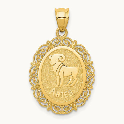 Solid Satin Polished Aries Zodiac Oval Pendant, 14K