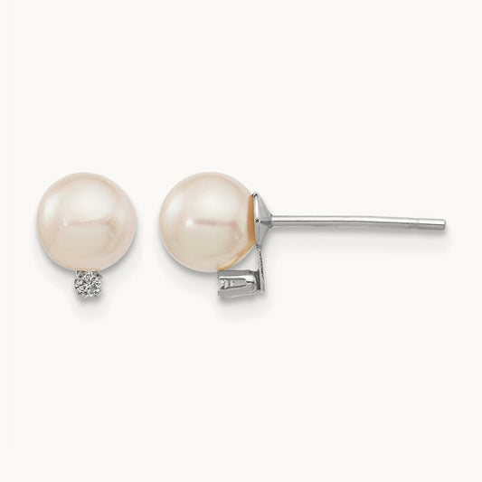 5- Round White Saltwater Akoya .02ct. Diamond Earrings, 6mm, 14K White Gold