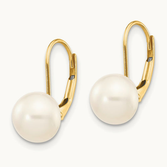 8- White Button Freshwater Cultured Pearl Leverback Earrings, 9mm, 14K