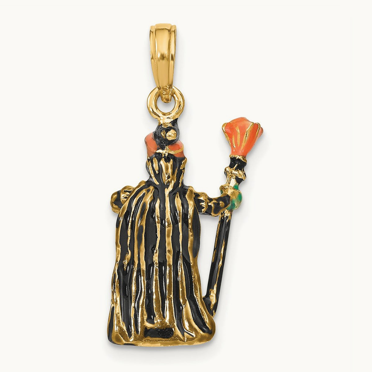 3-D Enameled Witch w/Broom Charm, 14K