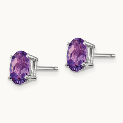 7x5mm Oval Amethyst Checker Earrings, 14K White Gold