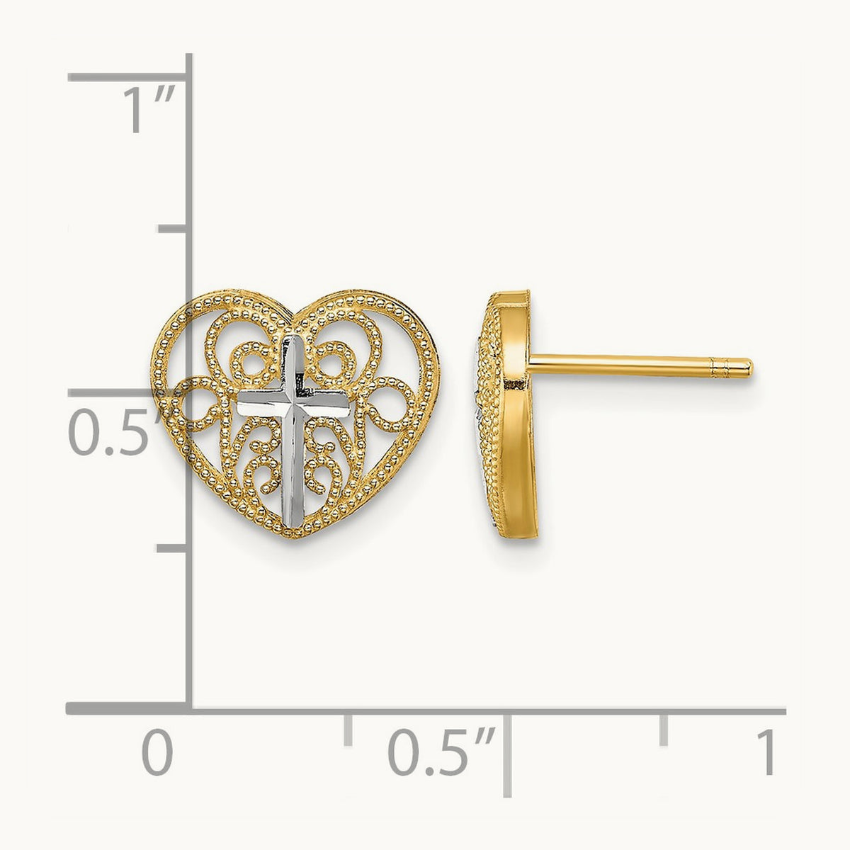 w/Rhodium Filigree Cross Center Heart Post Earrings, 14K