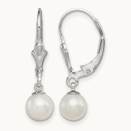 RH-plated 6- FWC Pearl Leverback Dangle Earrings, 7mm, Sterling Silver