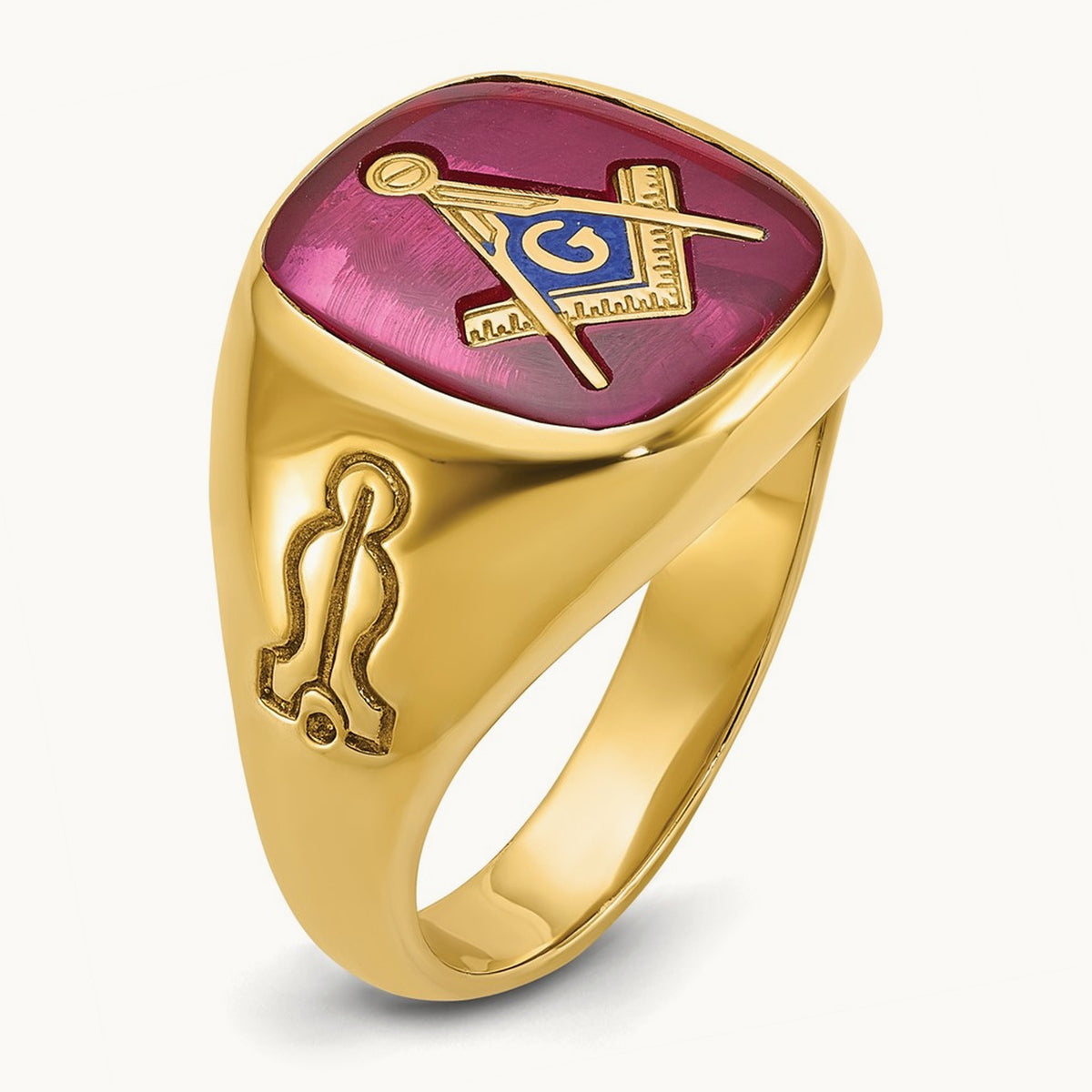 IBGoodman Men's Grooved w/ Lab Cr. Ruby Blue Lodge Masonic Ring, 14K