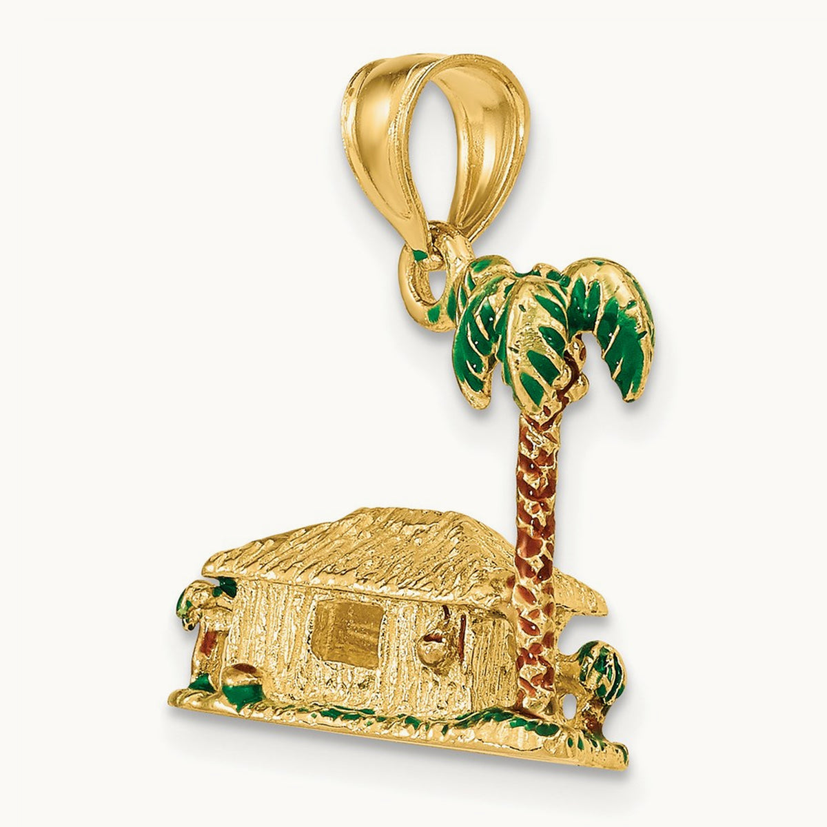 3-D W/Enamel Palm Tree and Hut Charm, 14K