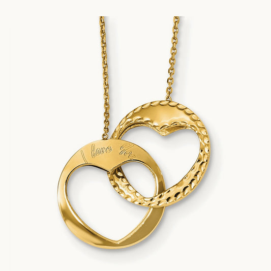 Polished Double Interlocking Heart I Love You with 1 inch ext. Necklace, 14K