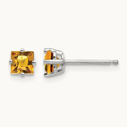 Princess Cut Citrine Earrings, 4mm, 14K White Gold