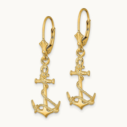 3-D Anchor W/ Shackle and Entwined Rope Leverback Earrings, 14K