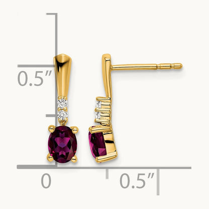 Oval Rhodolite Garnet and Diamond Dangle Earrings — 14K Yellow Gold