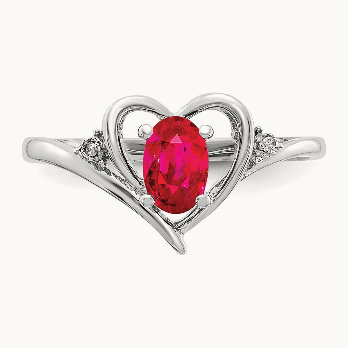 Ruby and Diamond Heart Ring — 14K White Gold, 7