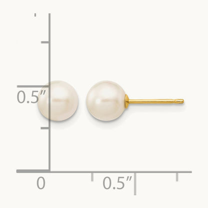 6- Round White Saltwater Akoya Cultured Pearl Stud Post Earrings, 7mm, 14K