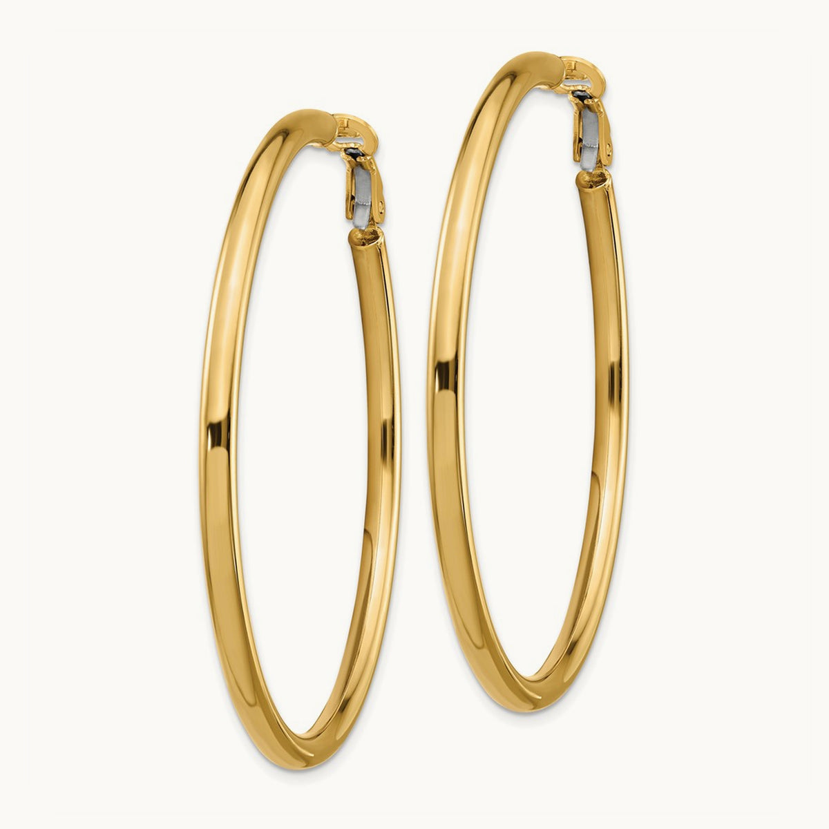 Polished Round Omega Back Hoop Earrings — 14K Yellow Gold, 3x52mm