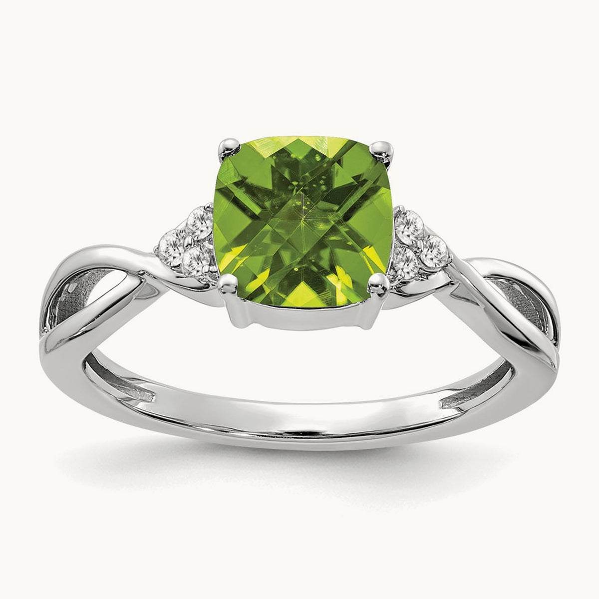 Checkerboard Peridot and Diamond Ring — 14K White Gold, 7
