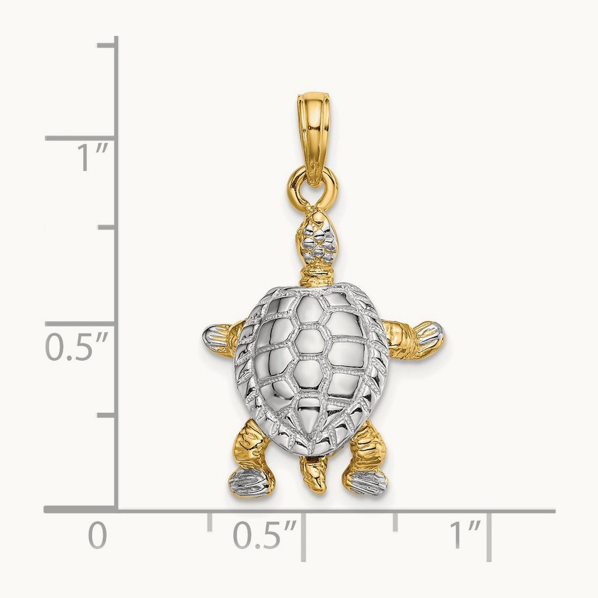 3-D Land Turtle W/ Moveable Head Charm, 14K with White Rhodium