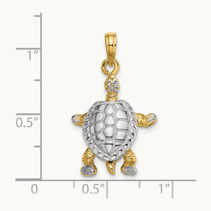 3-D Land Turtle W/ Moveable Head Charm, 14K with White Rhodium