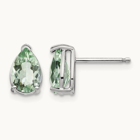 8x5 Pear Green Quartz Earrings, 14K White Gold