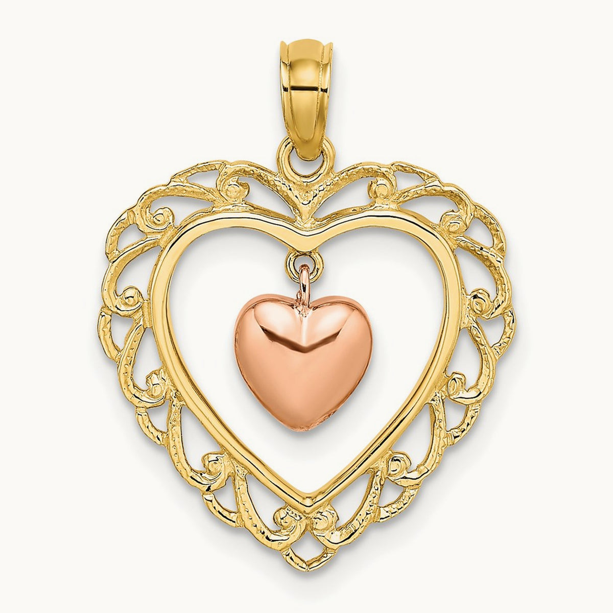 Polished Dangling Heart In Heart Charm, 14K Yellow with Rose Gold