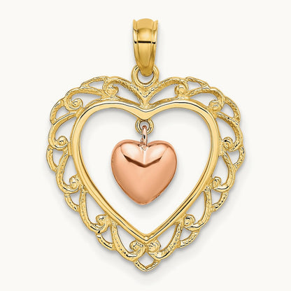 Polished Dangling Heart In Heart Charm, 14K Yellow with Rose Gold