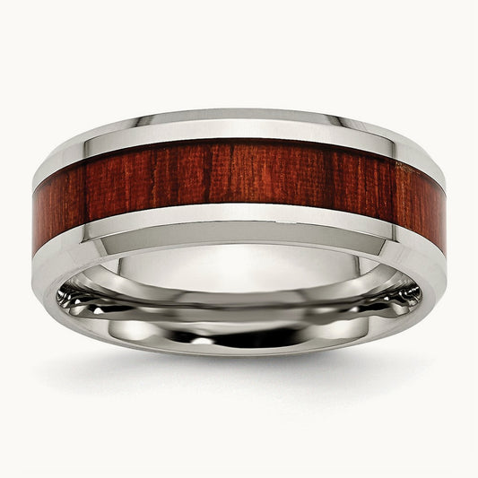 Polished Red Koa Wood Inlay Enameled Band, 8mm, Stainless Steel