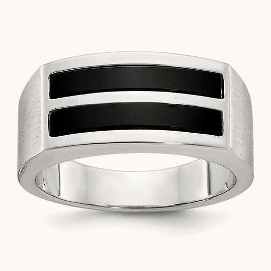 IBGoodman Men's Polished and Satin 2-Row Onyx Ring, 14K White Gold
