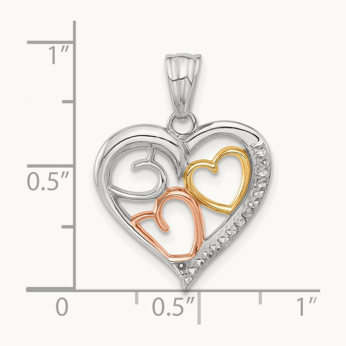 Tri-color Diamond-cut Hearts Pendant, 14K