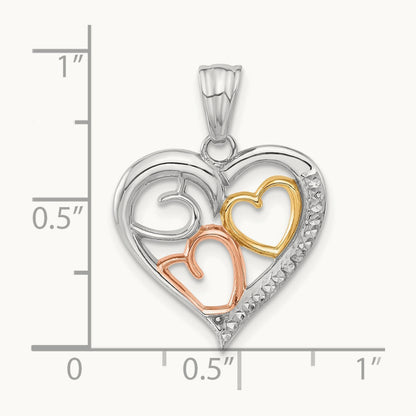 Tri-color Diamond-cut Hearts Pendant, 14K
